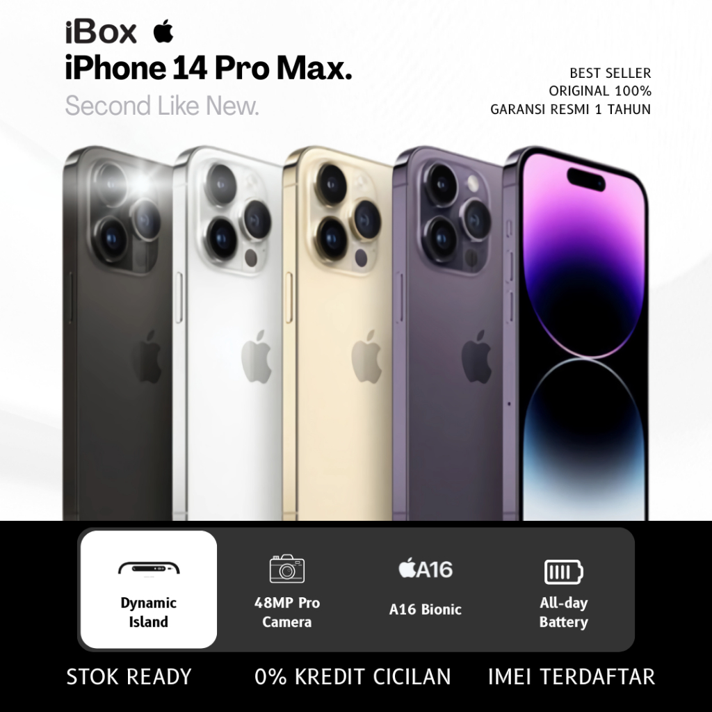 iPhone 14 Pro Max 128/256GB Like New – Original iBox, IMEI Terdaftar, Fullset, Garansi 12 Bulan, Har