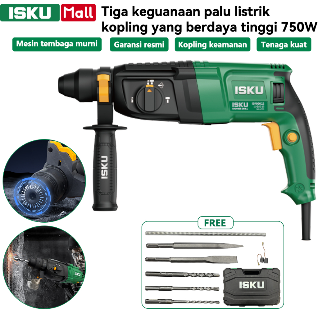 ISKU Mesin Bor Rotary Hammer 26mm 750W Heavy Duty Bor Bobok Beton Tembok Demolition Drill