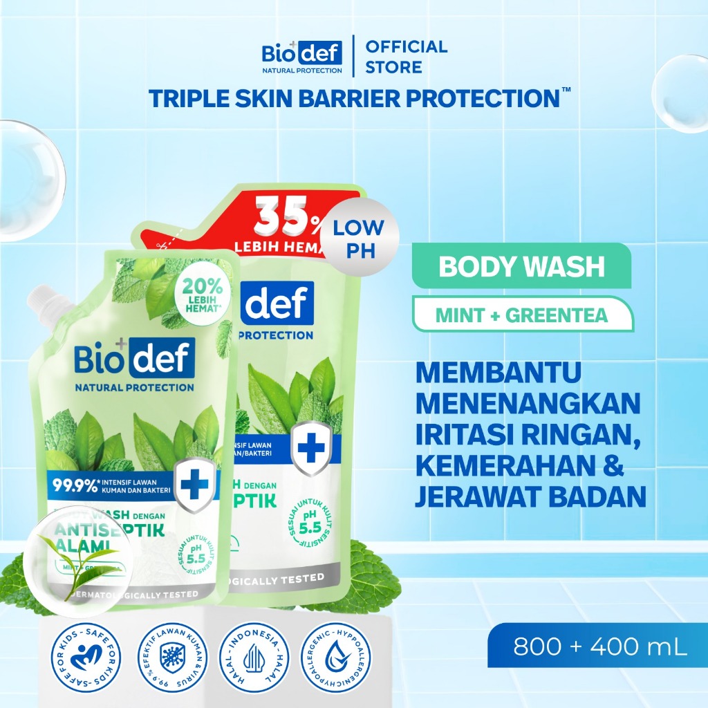 [DOUBLE DEALS] Biodef Body Mint Wash 800ml & Refill 400ml | Gentle Body Wash PH Low 5.5 Antiseptik N