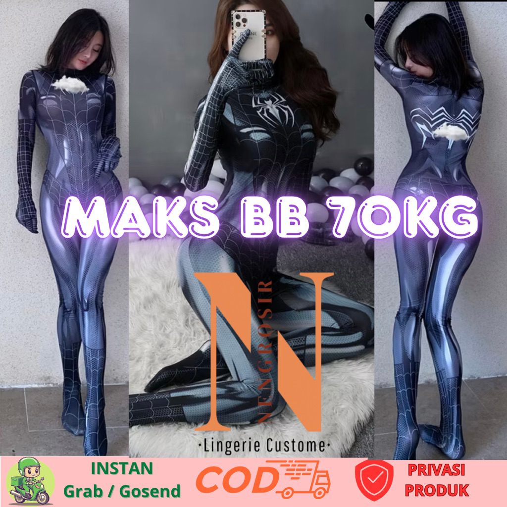 INSTAN COD BAJU DINAS || SEXY SPIDERWOMAN UNIFORM BLACK BODYSUIT COSPLAY ANIME FIT 70KG