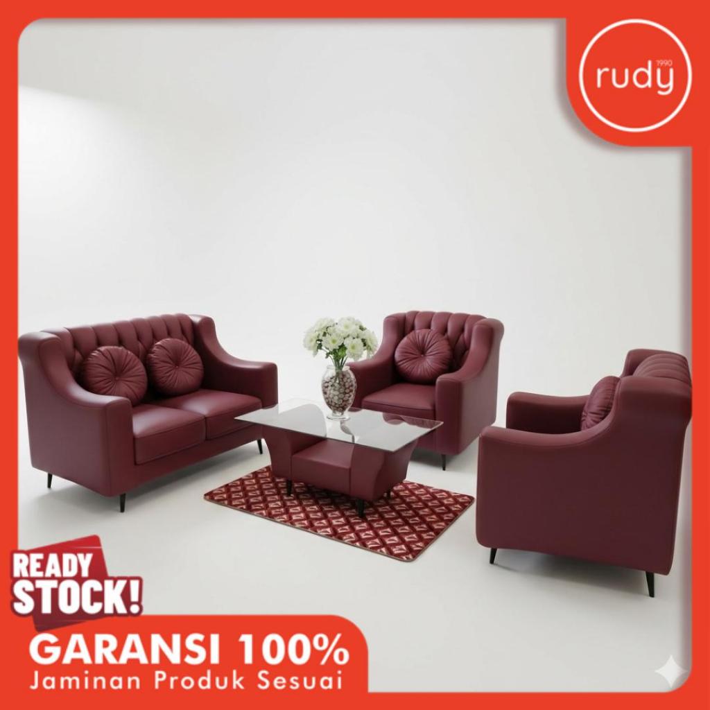 Sofa Jaguar Maroon Set 211 + Meja Tamu - Kursi Tamu Mewah Minimalis Elegan - Rudy 1990