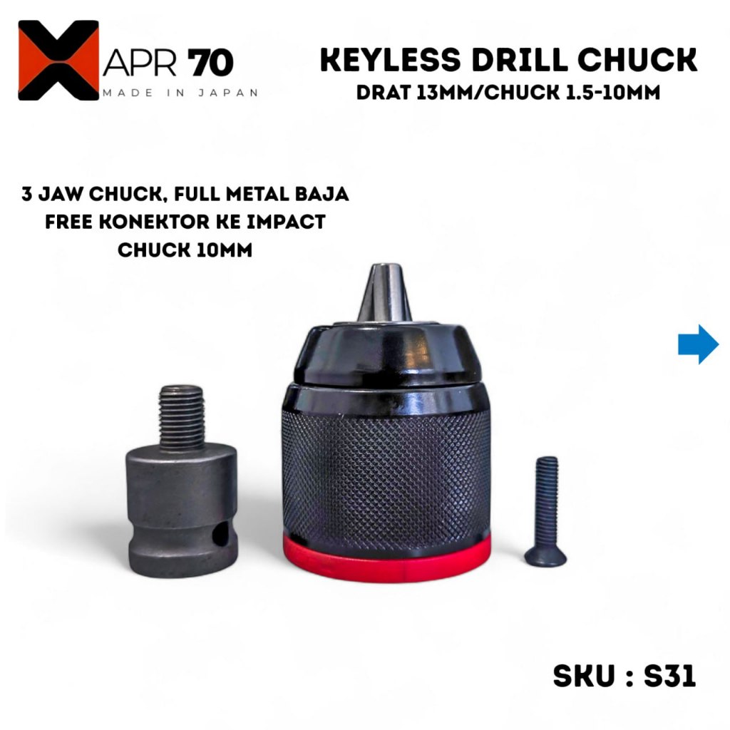 XAPR Original S31 Chuck Keyless 10mm Konektor Impact Wrench Drat 10mm Kepala Bor Tanpa Kunci Ori