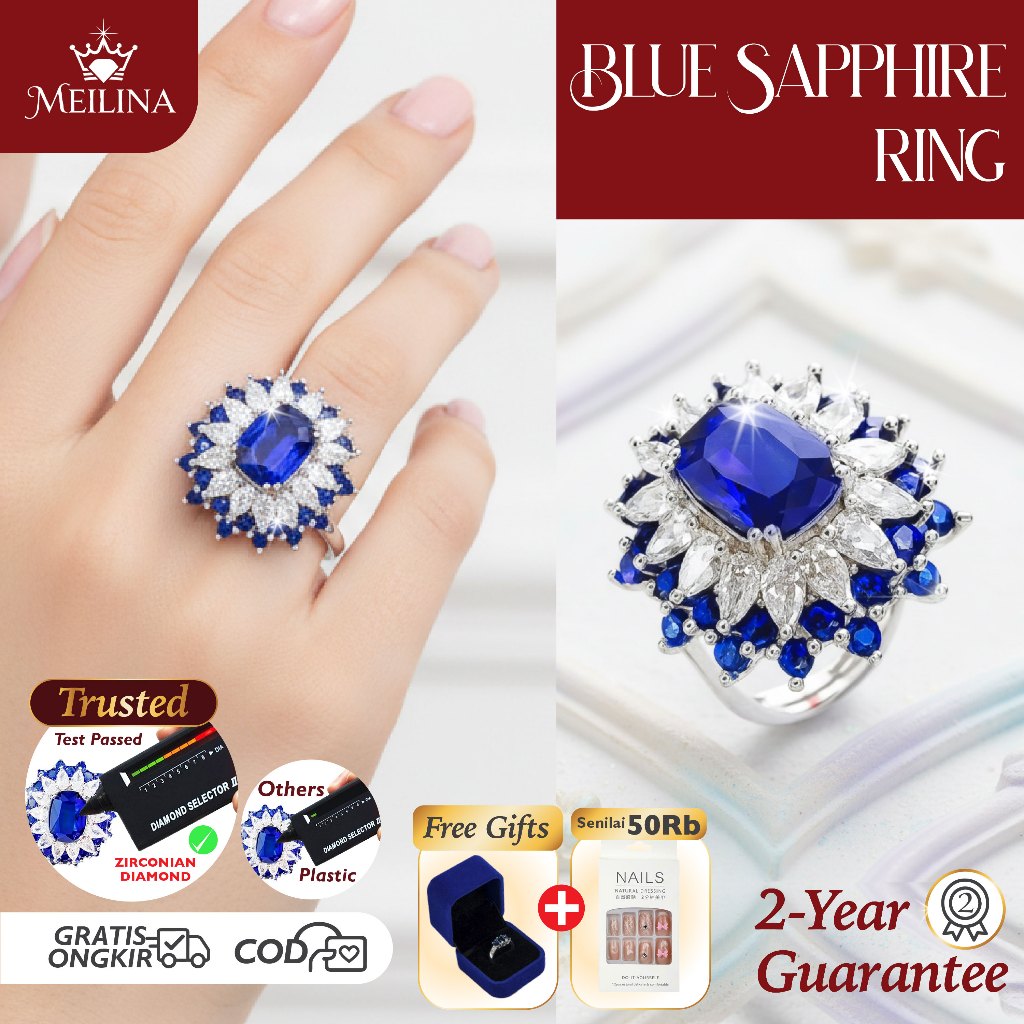 (FREE BOX) MEILINA Cincin Batu Blue Safir Anting Wanita Zirconia Premium Luxury Earrings Blue Safir