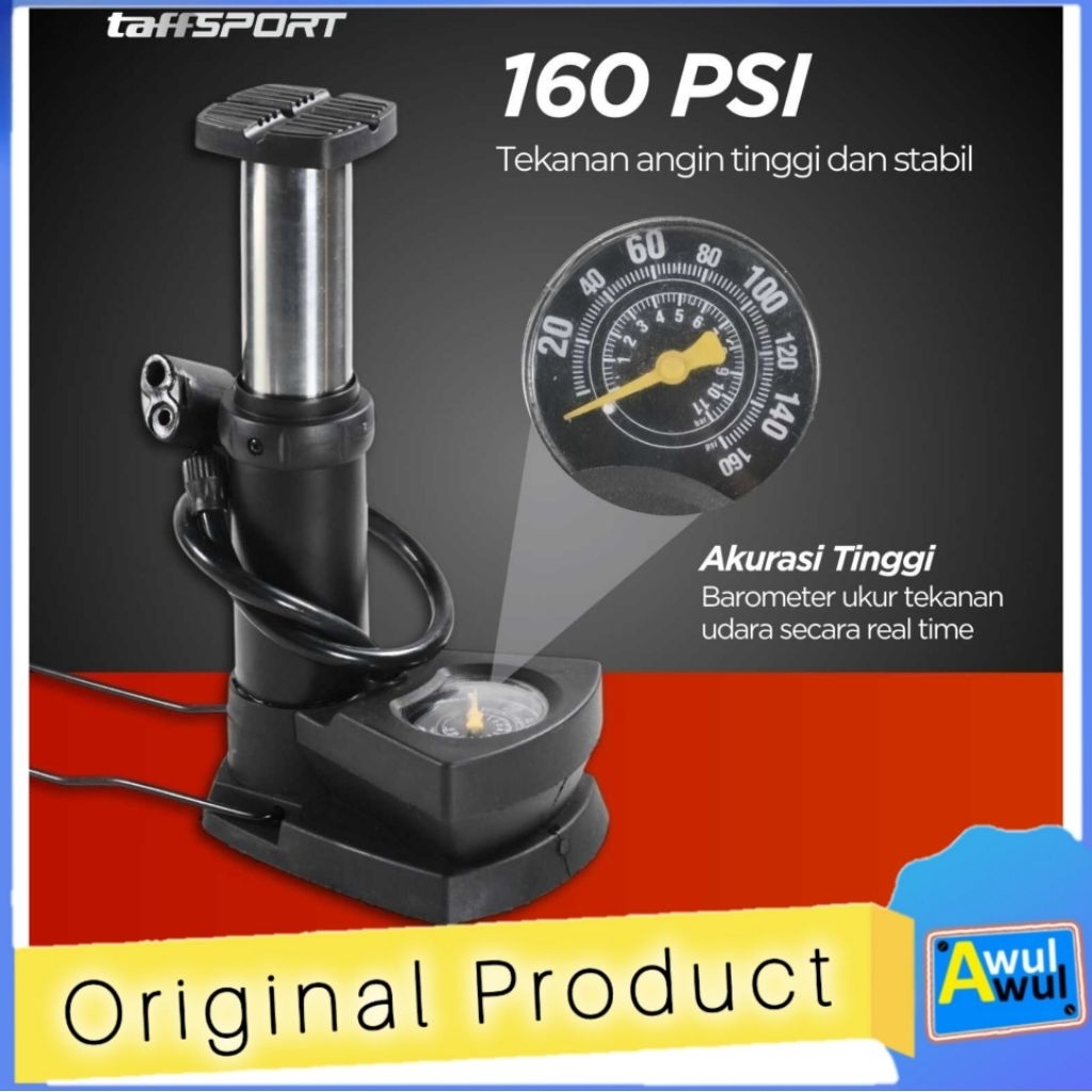 Pompa Ban Injak 160 PSI Dilengkapi Indikator Tekanan Udara & 2 Nozzle Tambahan | Pompa Ban Sepeda, M