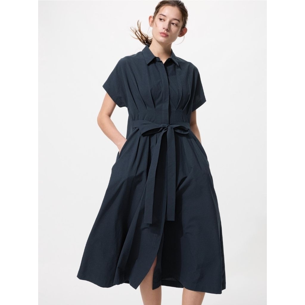 WOMEN Gaun Kemeja Seersucker Lengan Pendek UNIQLO