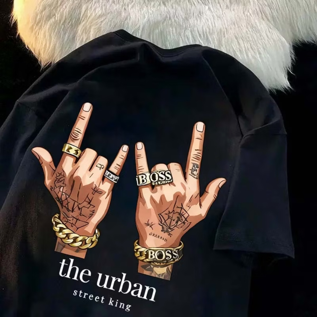 COD Kaos Pria Lengan Pendek Motif Tangan Tato "the urban street king" TERBARU Bahan Katun Adem, Desa