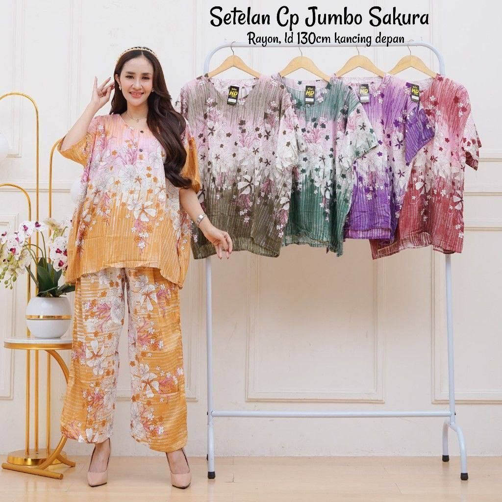 Setelan Wanita Jumbo Sakura Rayon LD 130cm Baju Tidur Wanita Setelan Santai Motif Bunga Kancing Depa