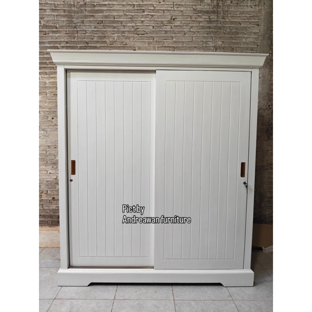 Lemari Kayu Jati Sliding 2 Pintu Geser Motif Salur Minimalis Cat Duco