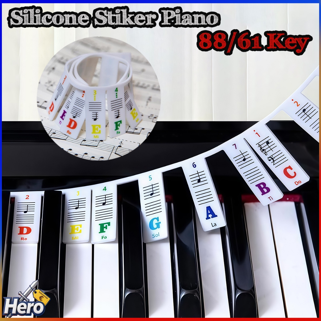 Stiker Piano Silikon 88/61 Key Dapat Dilepas | Tanpa Lem Double Staff Not Balok | Untuk Keyboard Pia