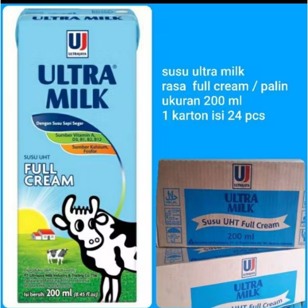 Susu UHT Ultra Milk Full Cream 200 ml - Rasa Plain, Low Fat, Tinggi Kalsium