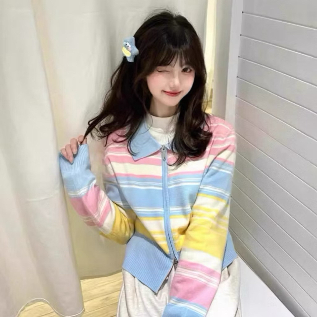 CIEL KNITTED RAJUT CROP CARDIGAN RAINBOW DOUBLE ZIPPER