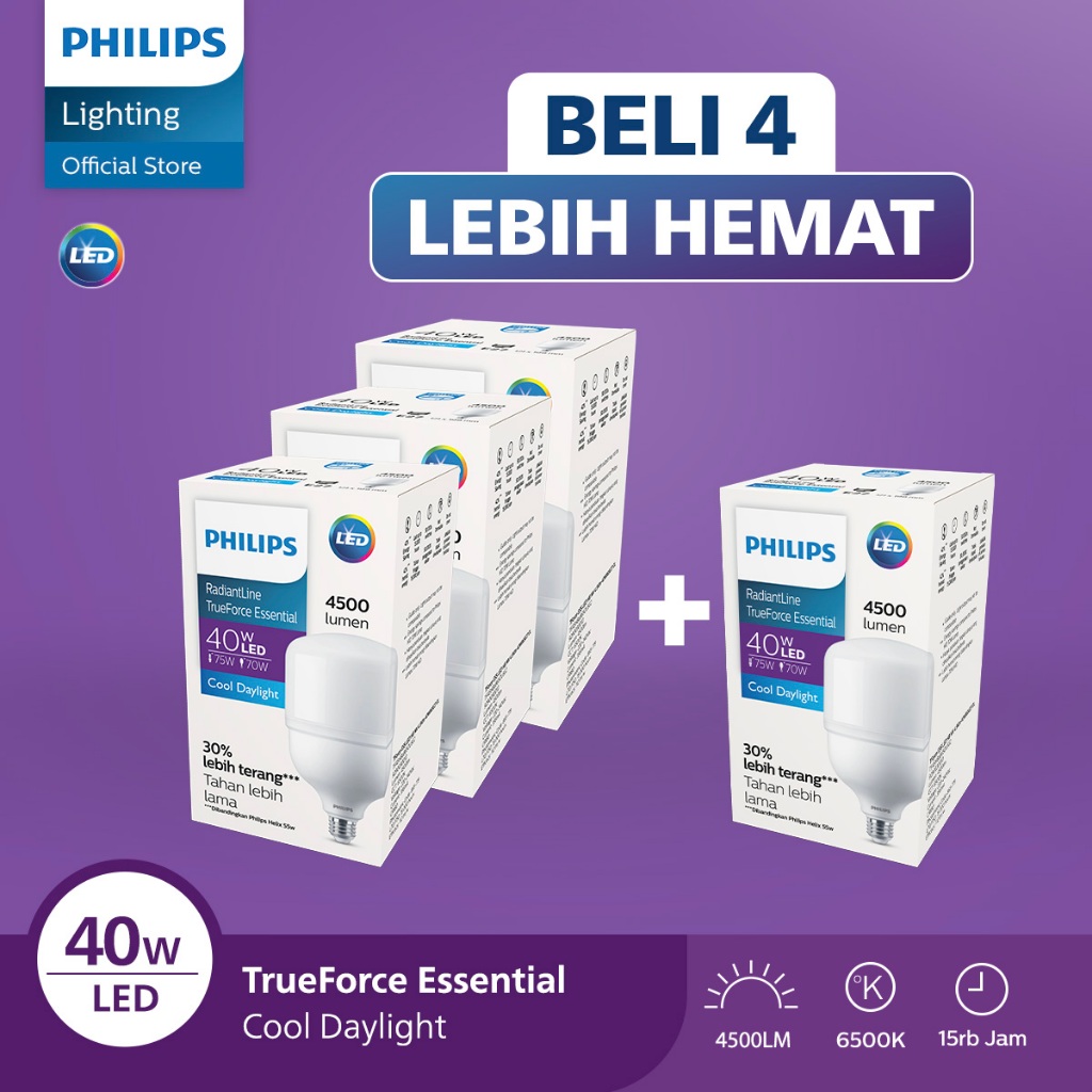 Philips Paket Beli 4 Lebih Hemat Lampu Bohlam Radiantline TrueForce Essential 40W Putih