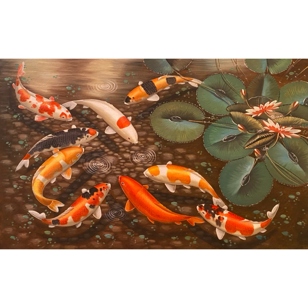 Lukisan Ikan Koi 9 Land scapeLukisan Canvas Asli, Lukisan Bali, Hiasan dinding, Ukuran 135 x 85