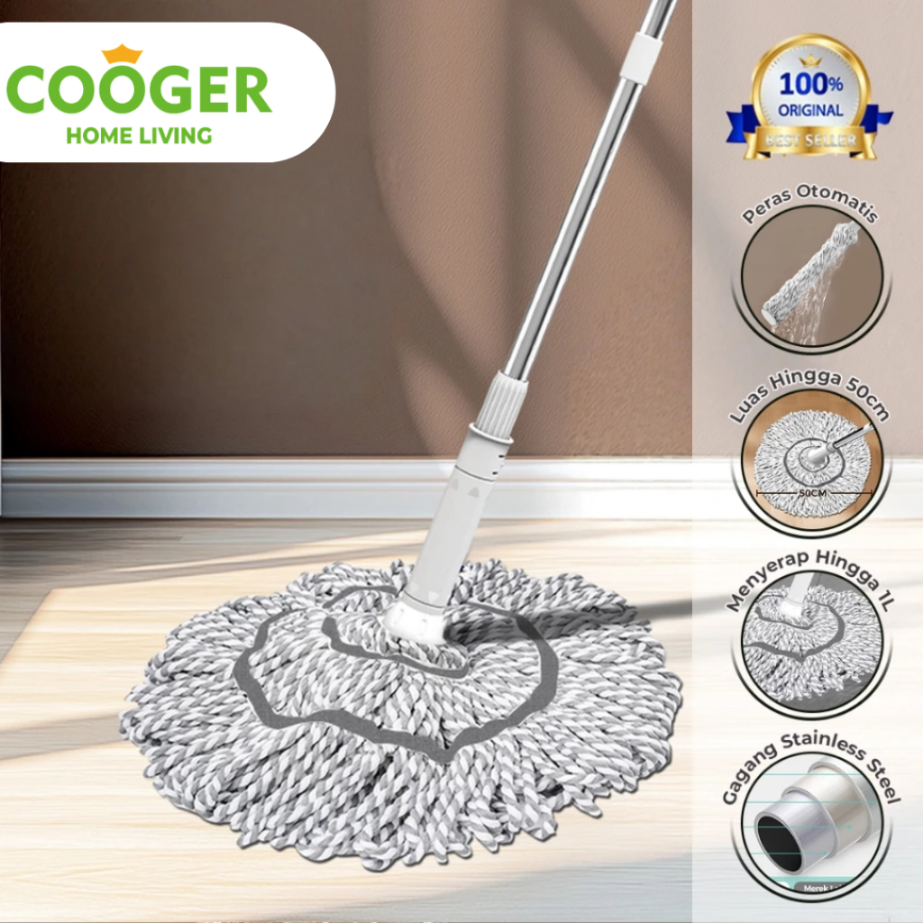 COOGER Pel Lantai Peras Otomatis Twist Mop Jumbo 50CM Pel Lantai Otomatis Putar Microfiber Pel Rumah