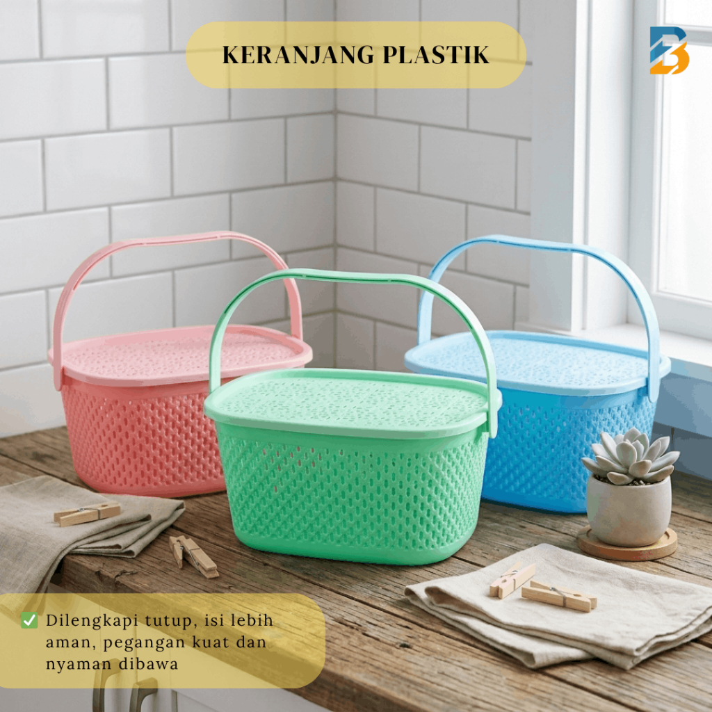 Keranjang Plastik Kotak Serbaguna / Keranjang Parcel Souvenir Gagang Tutup Soft