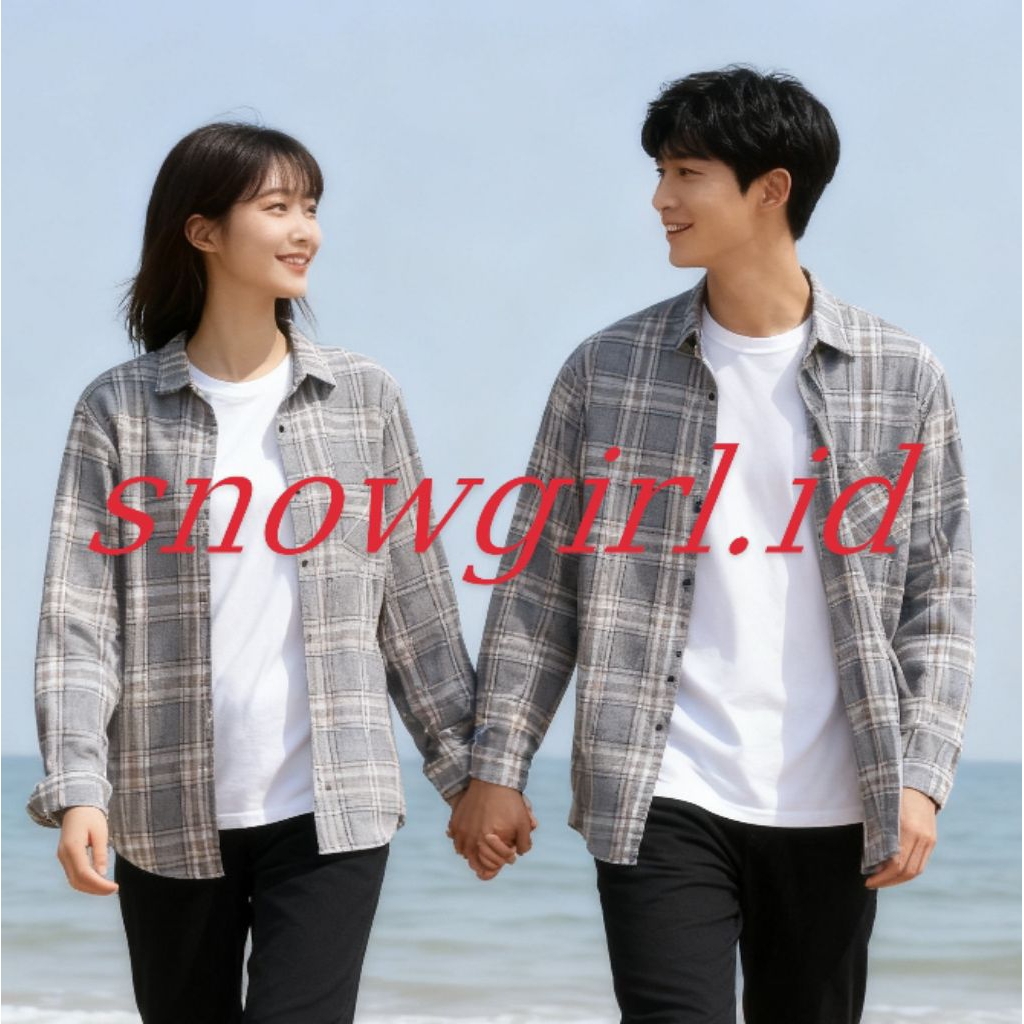 Kemeja Flanel Abu Abu Pria Wanita Lengan Panjang Kasual