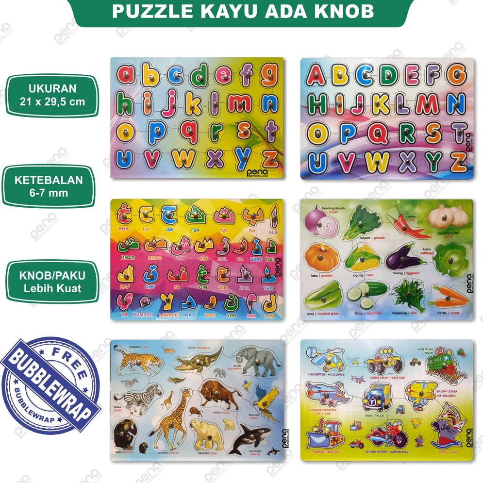 Puzzle Knob / Puzzle Kayu Knob Knop Huruf Hijaiyah Angka Sayur Buah