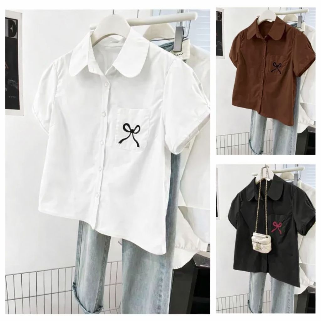 Kemeja Wanita Lengan Pendek | Blouse Cewek Korean Style Casual Premium bordiran  Bahan Adem