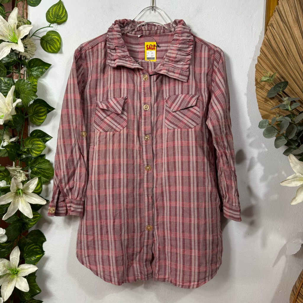 Kmeja Katun Kotak Maroon pink