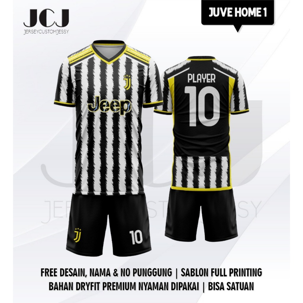 Jersey Sepatu Bola JUVENTUS HOME 2023-2024 PENDEK Hitam Putih Kuning Dryfit Premium Sablon Full Prin