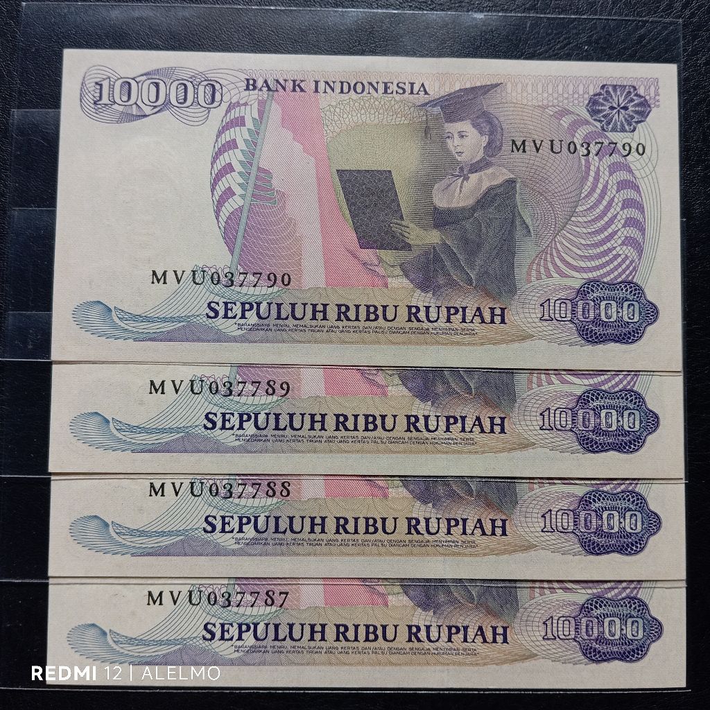 paket 4 lembar no seri urut uang kertas 10000 kartini 1985 baru gres asli