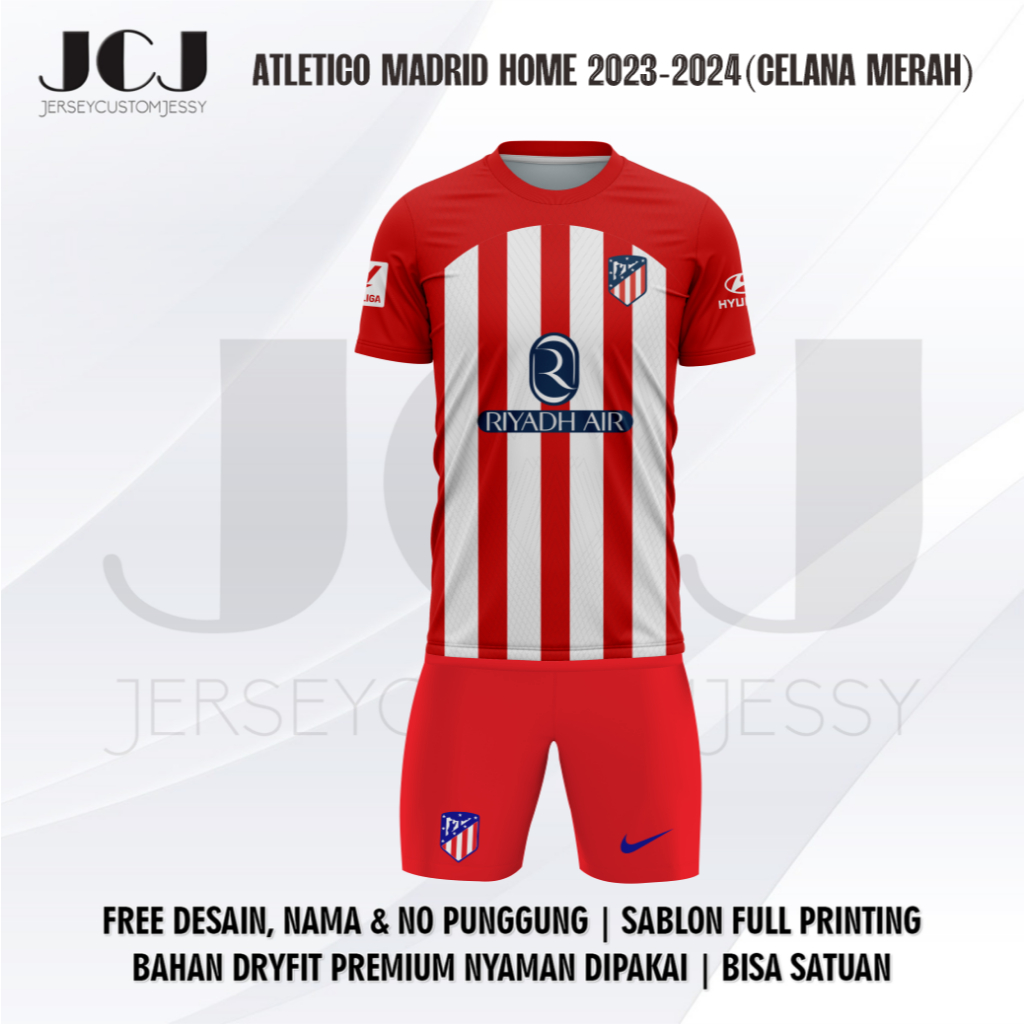 Jersey Bola ATLETICO MADRID HOME 2023-2024 (CELANA MERAH) PENDEK Free custom nama dan no punggung Fu