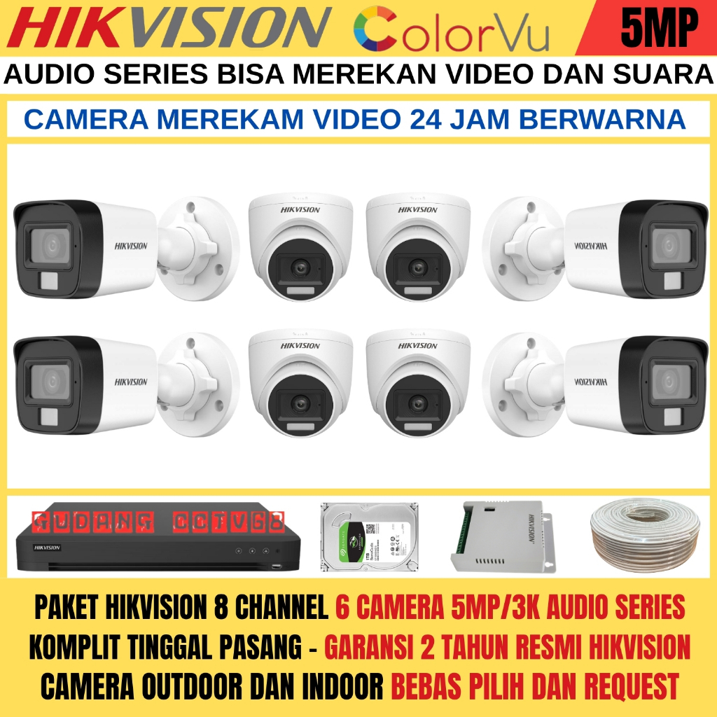 Paket CCTV HIKVISION 8 Channel 8 Camera HIKVISION 5MP Colorvu 3K Full Colour AUDIO SERIES Komplit