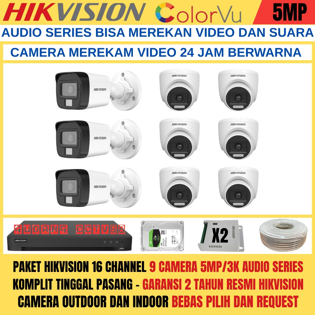Paket CCTV HIKVISION 16 Channel 9 Camera HIKVISION 5MP Colorvu 3K Full Colour AUDIO SERIES Komplit