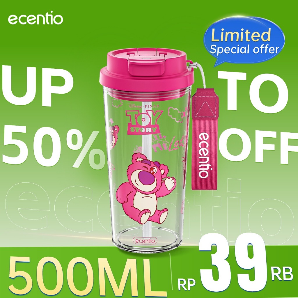ecentio Botol minum anak perempuan pink Disney Lotso Botol plastik lucu BPA Free Botol Sekolah Estet