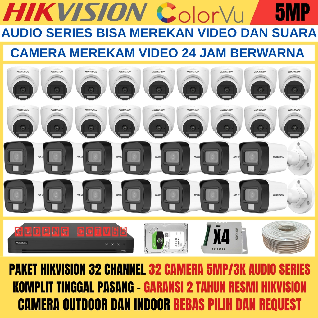 PAKET CCTV HIKVISION DVR 32 CHANNEL 32 KAMERA HIKVISION 5MP FULL COLOUR 3K COLORVU AUDIO SERIES