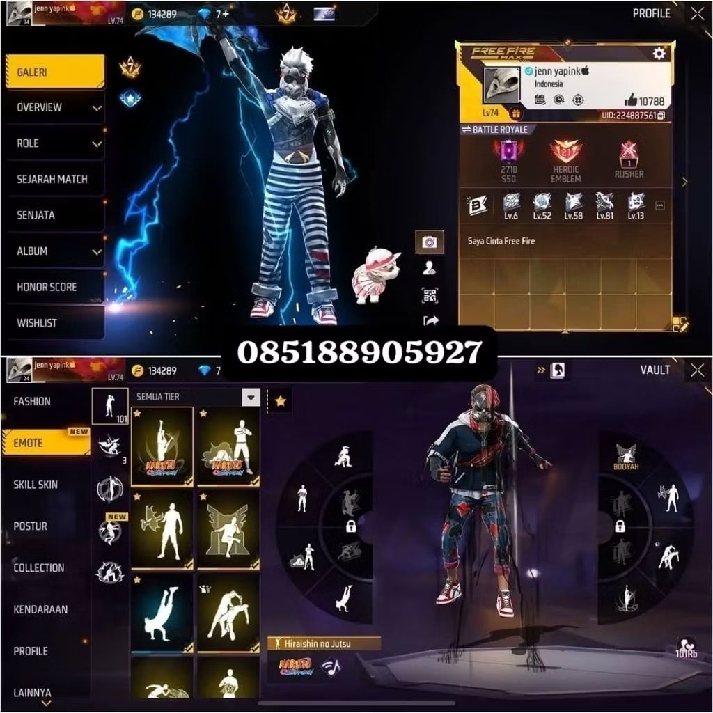 AKUN FF SULTAN-LEVEL TINGGI, SKIN LENGKAP READY AKUN FF MURAH-BAGUS FULL SKIN