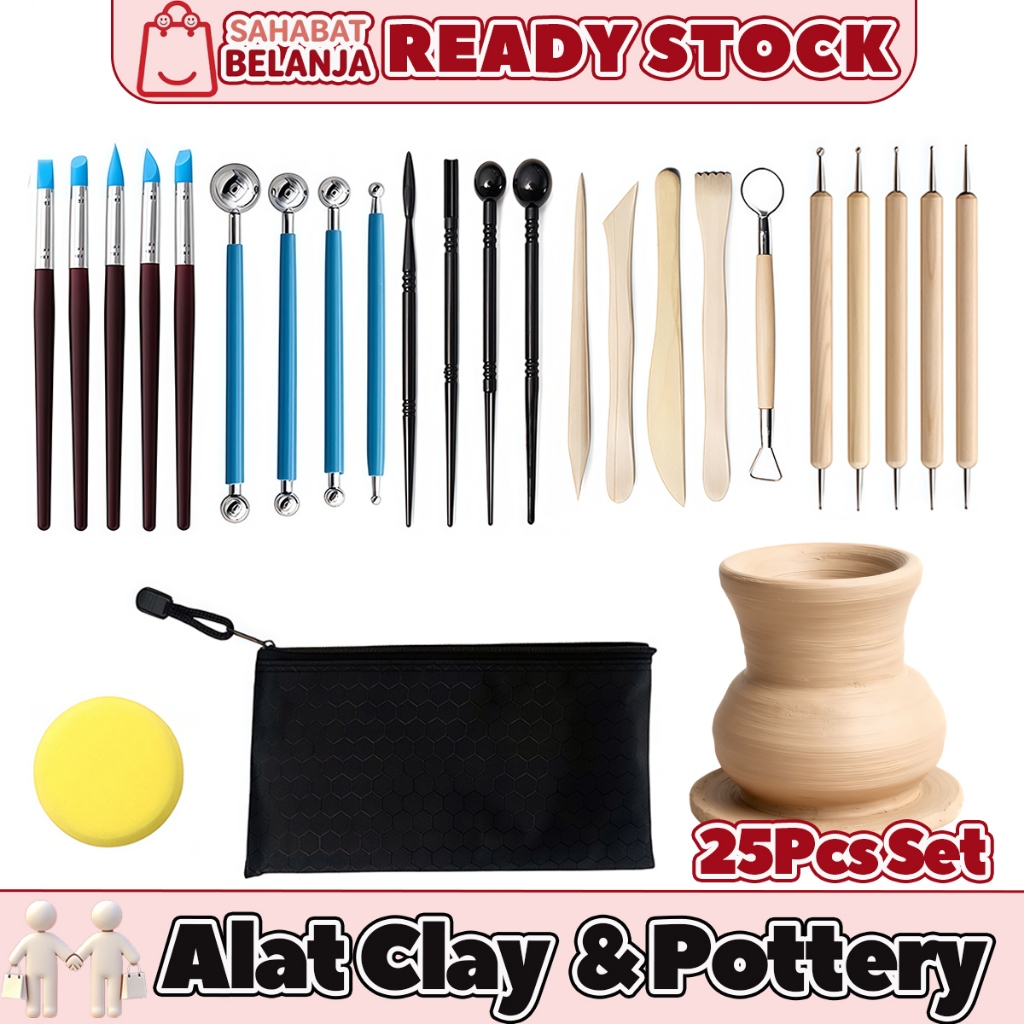 25pcs Alat Ukir Clay Pottery Tool | Set Modelling Tools Stainless + Kayu | Untuk Tanah Liat Sculptin
