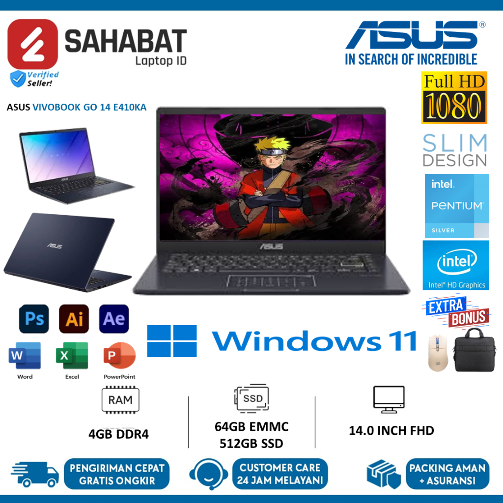 LAPTOP SLIM DESIGN Asus Vivobook E410KA / E410MA / L410MA / L510MA N4020 N4500 N5030 512GB SSD