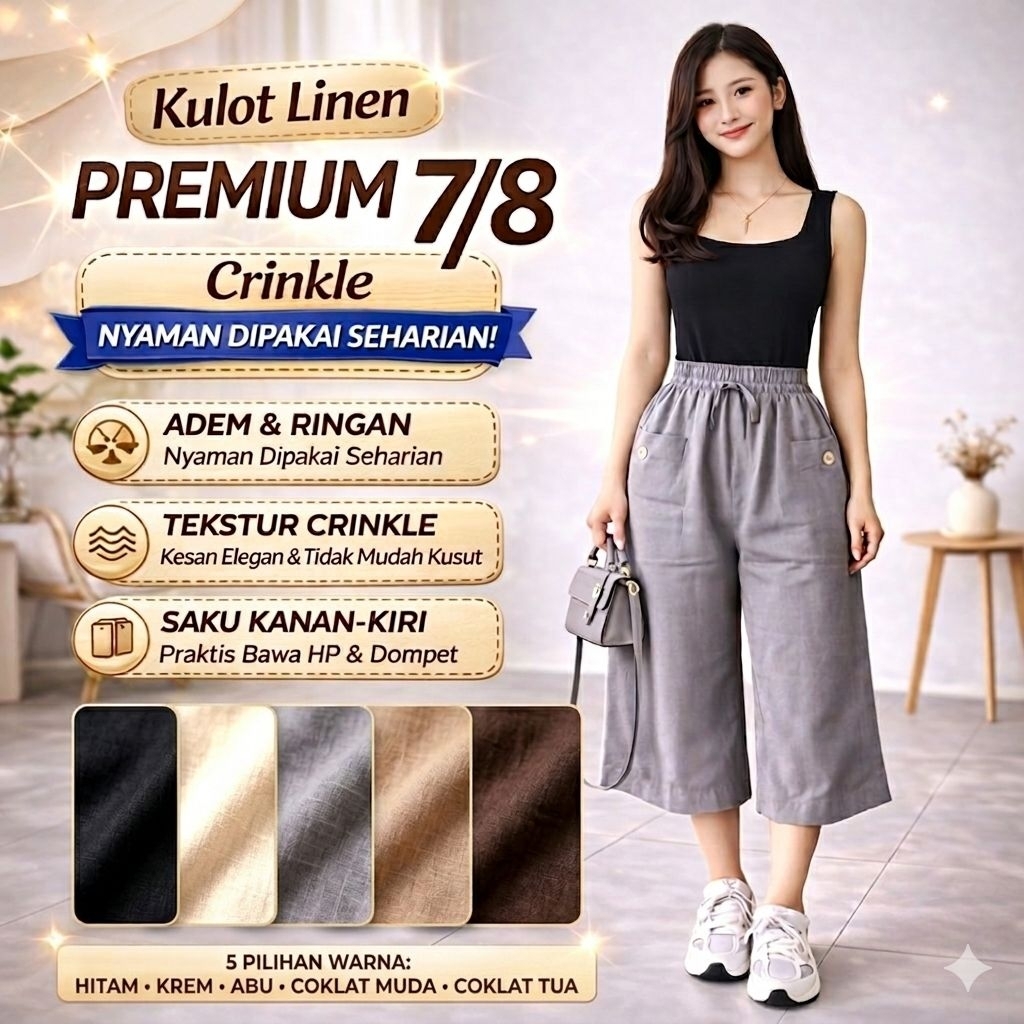 Celana Kulot 7/8 Wanita Linen Crinkle Premium / Kulot Pendek Highwaist Standar & Jumbo / Kulot Linen