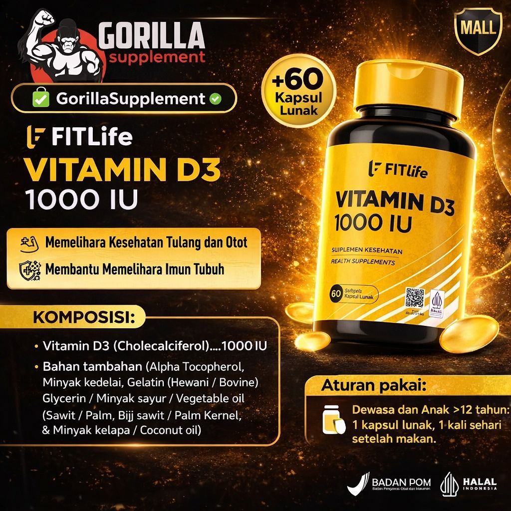 FITLIFE  Vitamin D3 1000 IU 60 Kapsul Lunak Softgel Multivitamin BPOM Dan HALAL