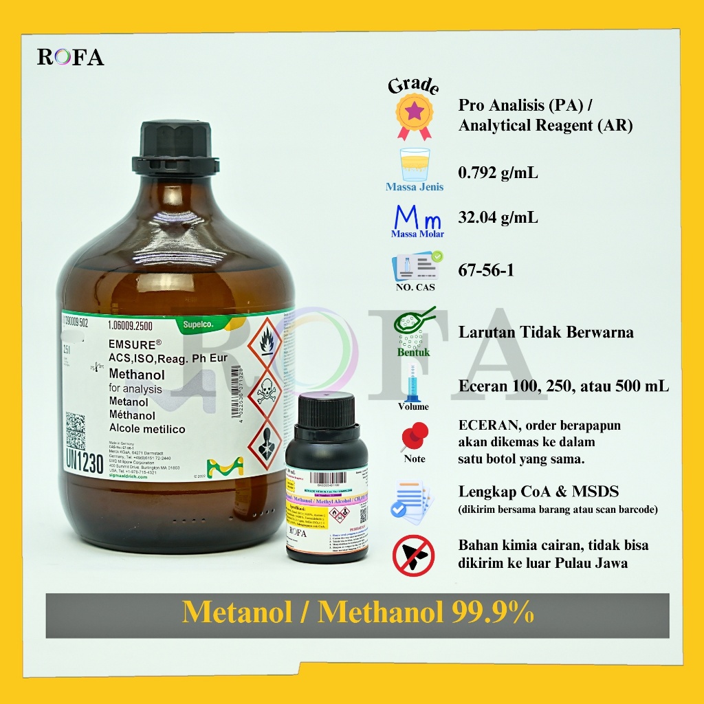 Metanol / Metil Alkohol / Methanol / Methyl Alcohol / CH3OH 99.9% Pro Analisis Eceran 100 - 500 mL