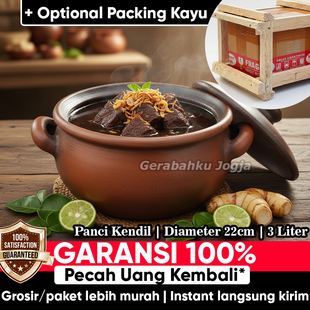 Diameter 22cm - 3 Liter | Kendil Gerabah Gudeg Panci Masak Rebus Jamu Godog Herbal Tanah Liat | Gera