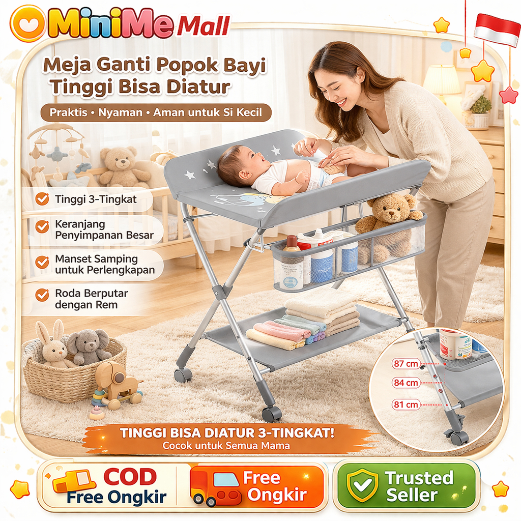 Meja Tempat Ganti Popok Bayi Baby Changing Diaper Table dengan Roda Dapat Dipindahkan & Tinggi Dapat