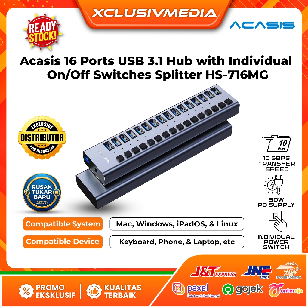 Acasis 16 Ports USB 3.1 Hub with Individual On/Off Switches Splitter HS-716MG