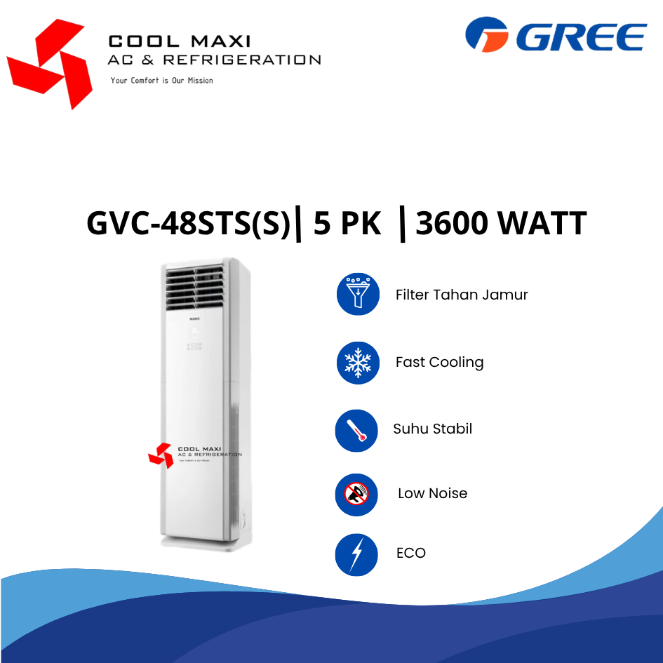 AC Floor Standing Gree 5 PK GVC-48 STS(S) ECO AC Berdiri Ruangan Besar Hemat Energi