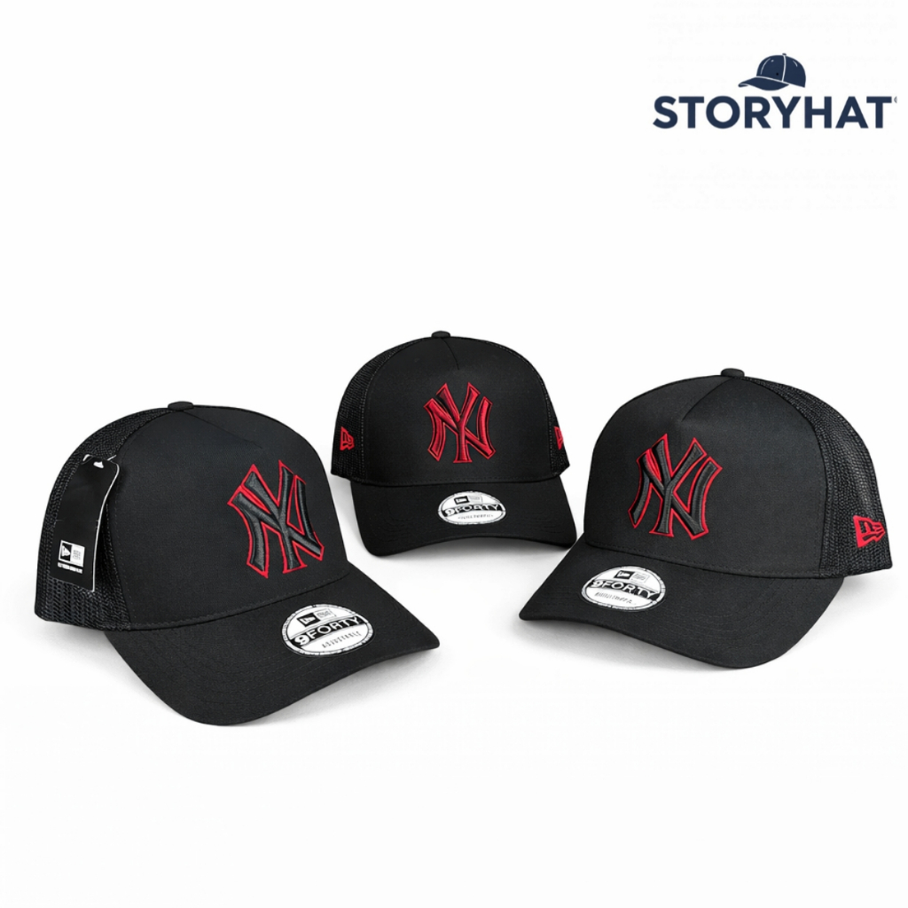 Topi Trucker Jaring NY Hitam Bordir Hitam List Merah