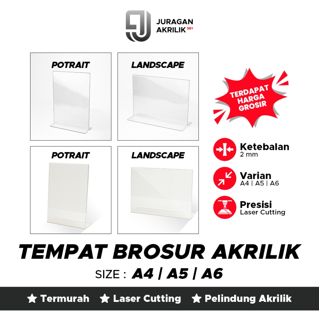Tempat Brosur Akrilik A4 A5 A6 2mm / Stand QRIS Meja Kasir / Acrylic Tent Card Holder Display Menu