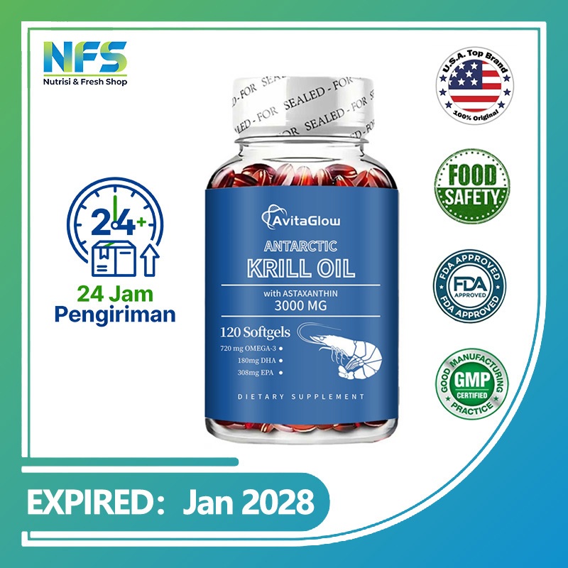 AvitaGlow Antarctic Krill Oil 3000 mg – Minyak Krill Asli dengan Astaxanthin, Omega-3 Tinggi, DHA & 
