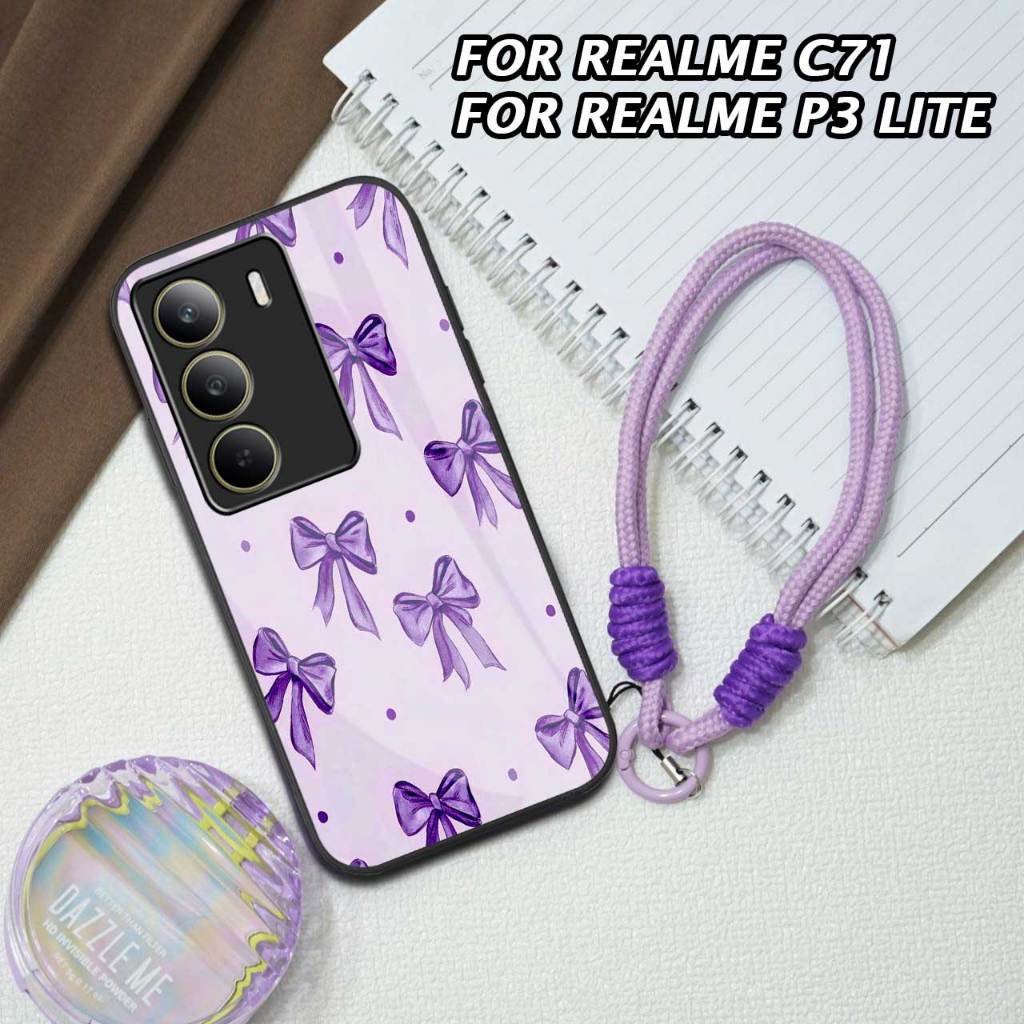 FOR REALME C71 [M394] SOFTCASE GLASS KACA DENGAN TALI STRAP BONI LILAC FOR REALME P3 LITE MOTIF LILA