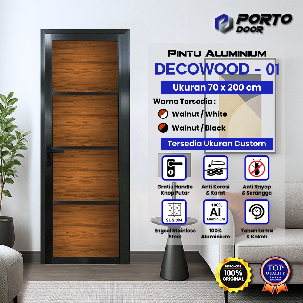 PORTO DOOR DECO WOOD 01 CUSTOM UKURAN / Pintu Aluminium / Pintu Kamar Mandi / Pintu Toilet