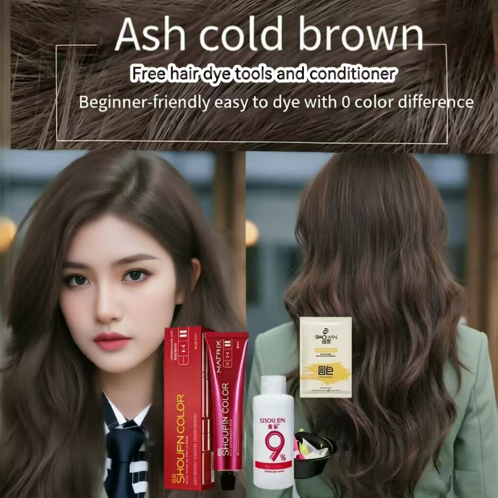 100% asli Shoupin Ash cold brown hair dye no bleaching free 9pcs hair dye tools and conditioner Pewa