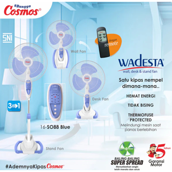 STANDFAN COSMOS 16 SO88 3 IN 1 - KIPAS ANGIN BERDIRI, KIPAS ANGIN MEJA, KIPAS ANGIN TEMBOK 16 INCH