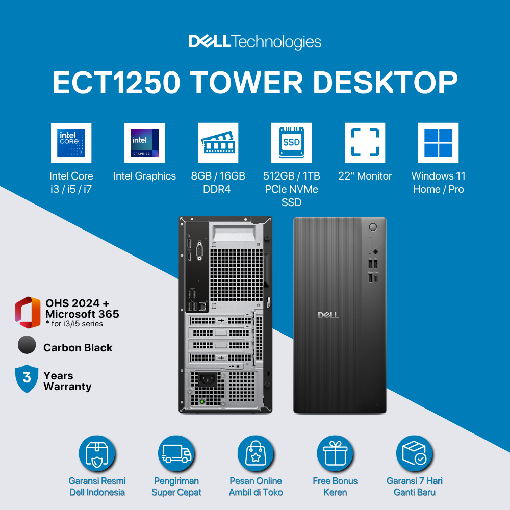 Dell Tower Desktop ECT1250 [Core i5-14400-8GB-512GB-UMA-Windows 11 Home-Office Home And Student 2024