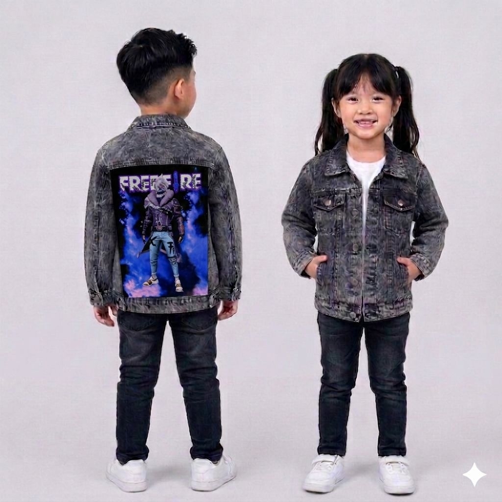 Jaket Jeans Denim Anak Laki Laki Perempuan FF Free Fire Elite Cees Gank Skin SG OPM Blueflame Dragon