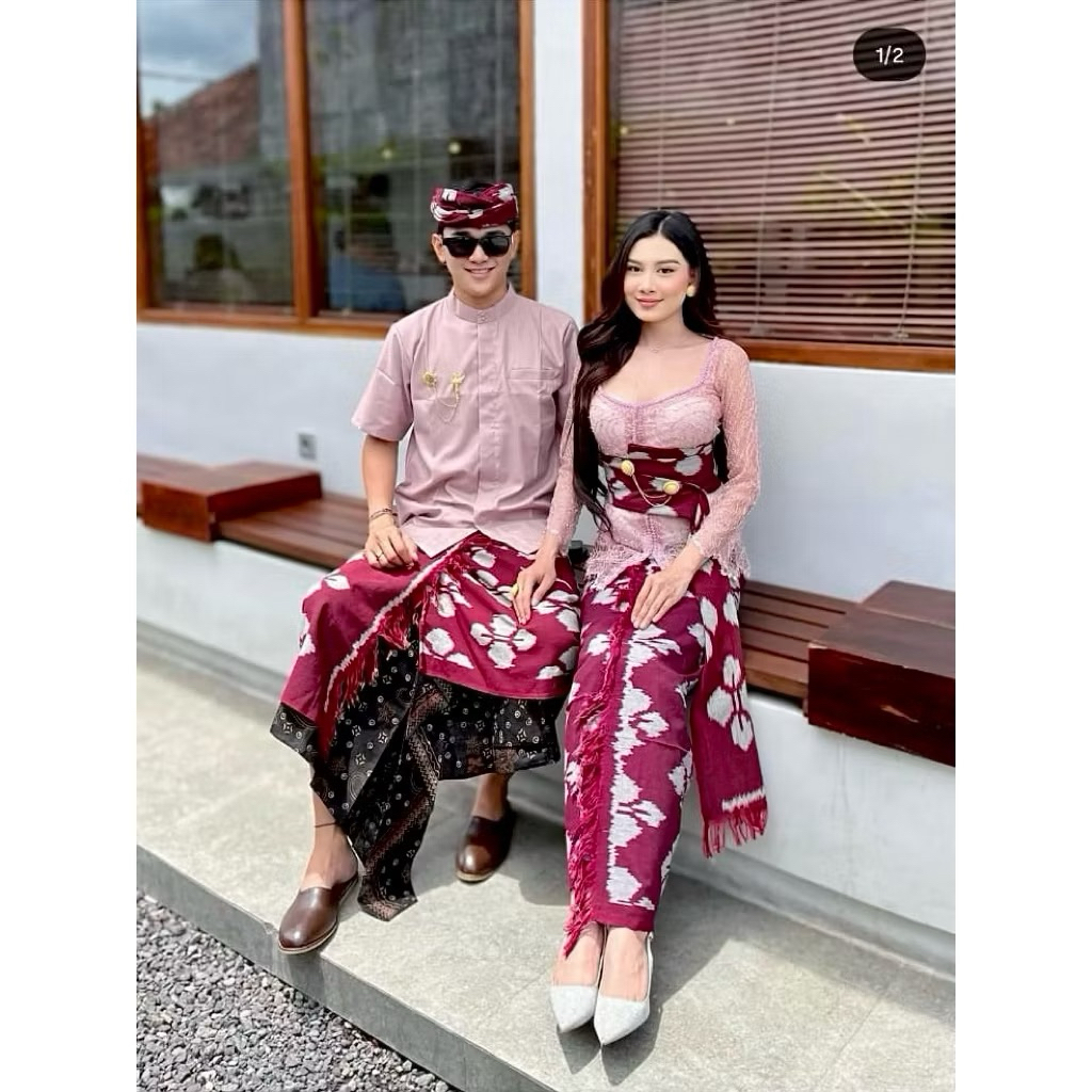 Set Couple Bali Tenunan Blanket Full Set Lengkap Saput + Udeng Jadi + Kamen Selendang Motif Etnik Ke